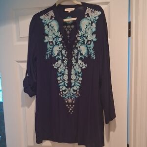 Solitaire Navy Tunic with Aqua And White Embroidery